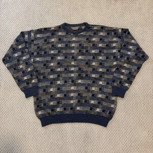 Vintage Cool Tones Blue Gray Textured Geometric Knit Sweater XL 90s Fall